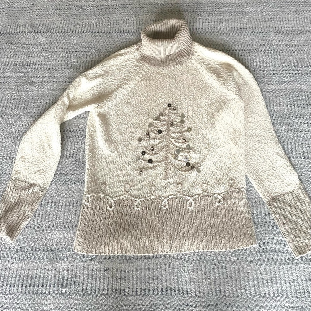 Talbots Turtleneck Sweater with Tree Motif in Cream and Beige